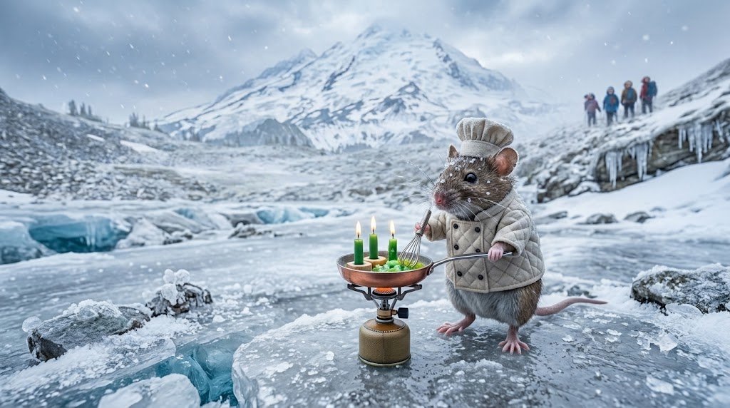 The mouse cooking on a portable stove on the glacier — the lighter side of $MOUSE