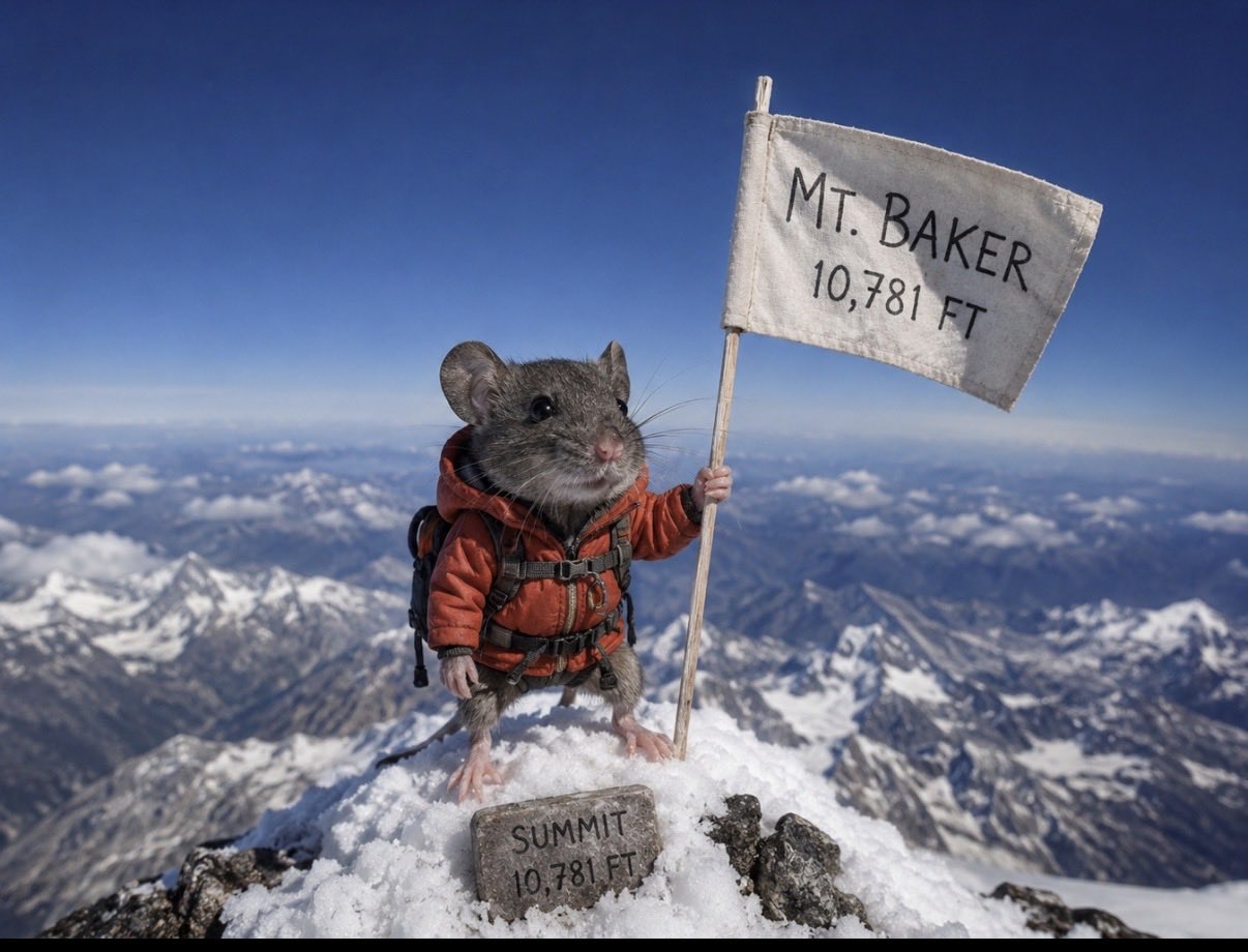 The mouse holding a Mt. Baker 10,781 ft summit flag